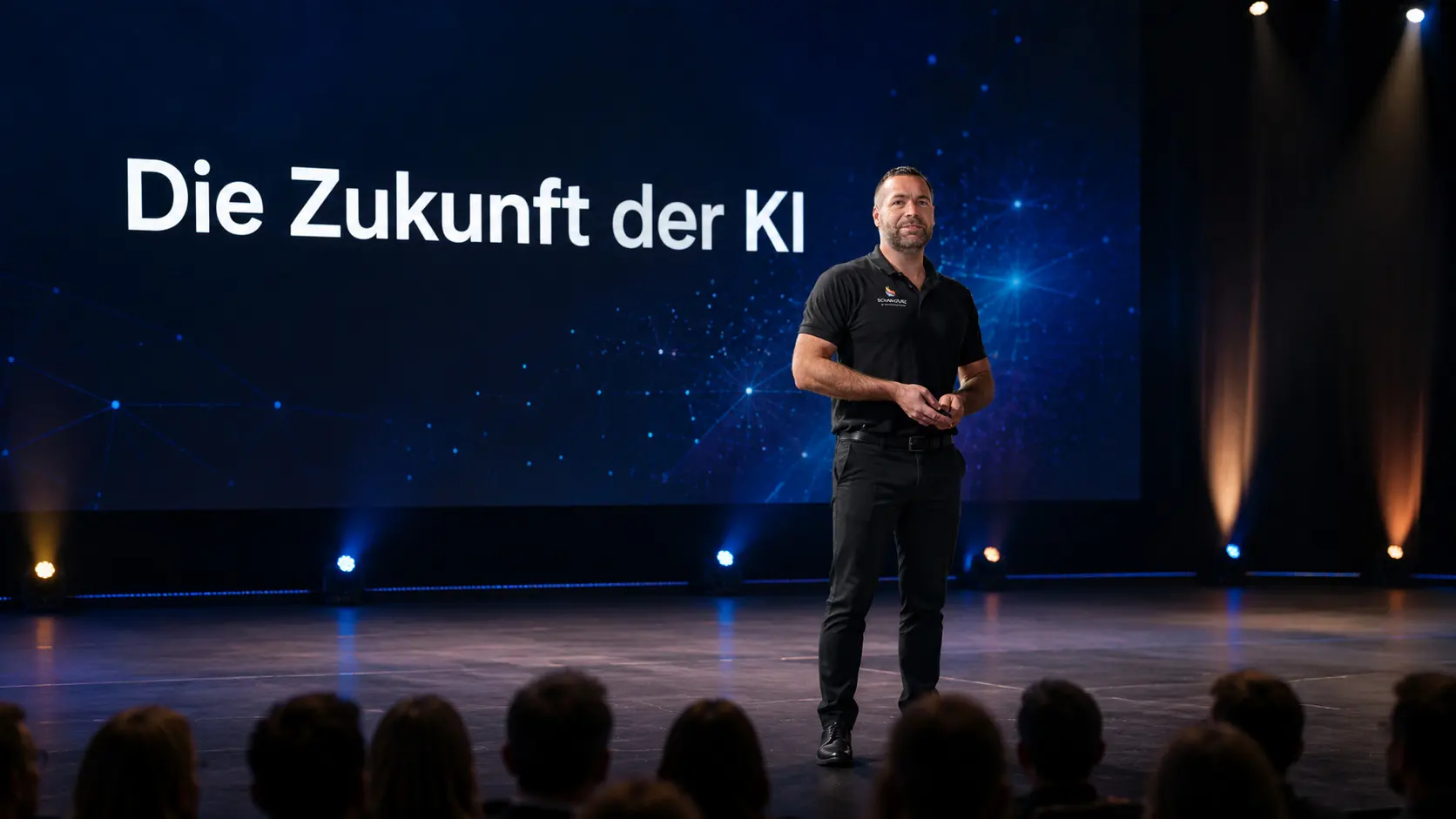 Matthias Dorn von Squadhouse auf der Bühne vor der Projektion „Die Zukunft der KI“